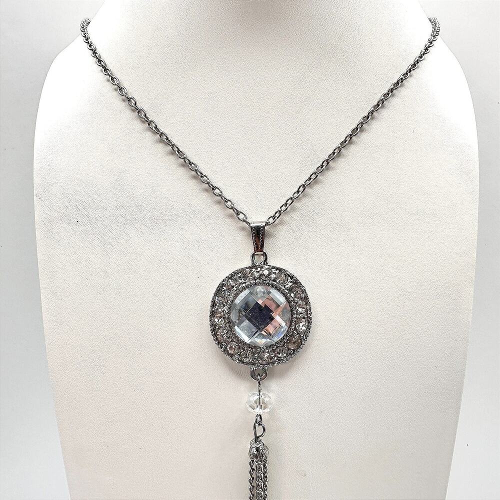 Vintage 90s Tassel Drop Clear Crystal Pendant Necklace Silver Tone Jewelry Y2K